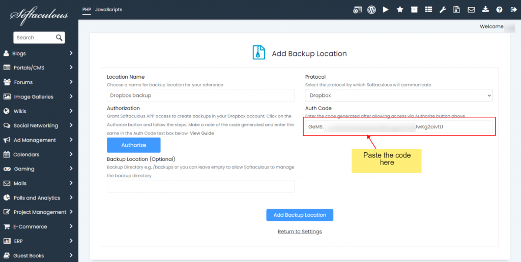 Add Backup Location Dropbox