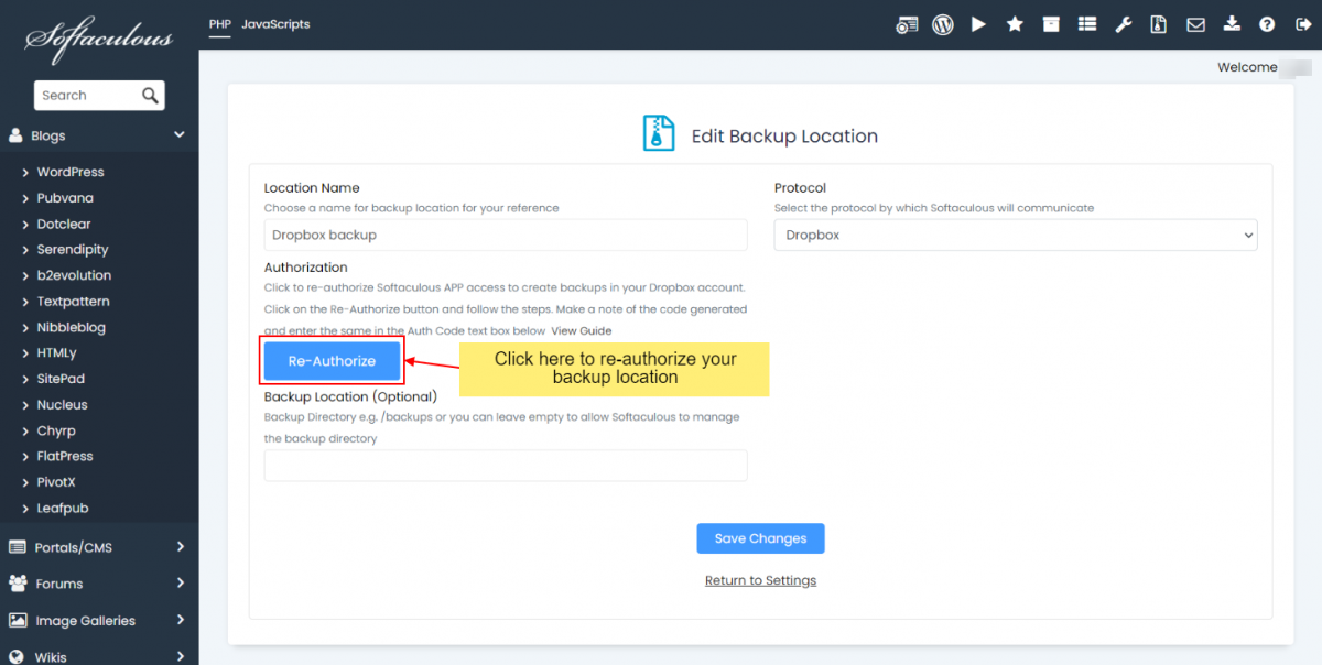 Edit Backup Location Dropbox