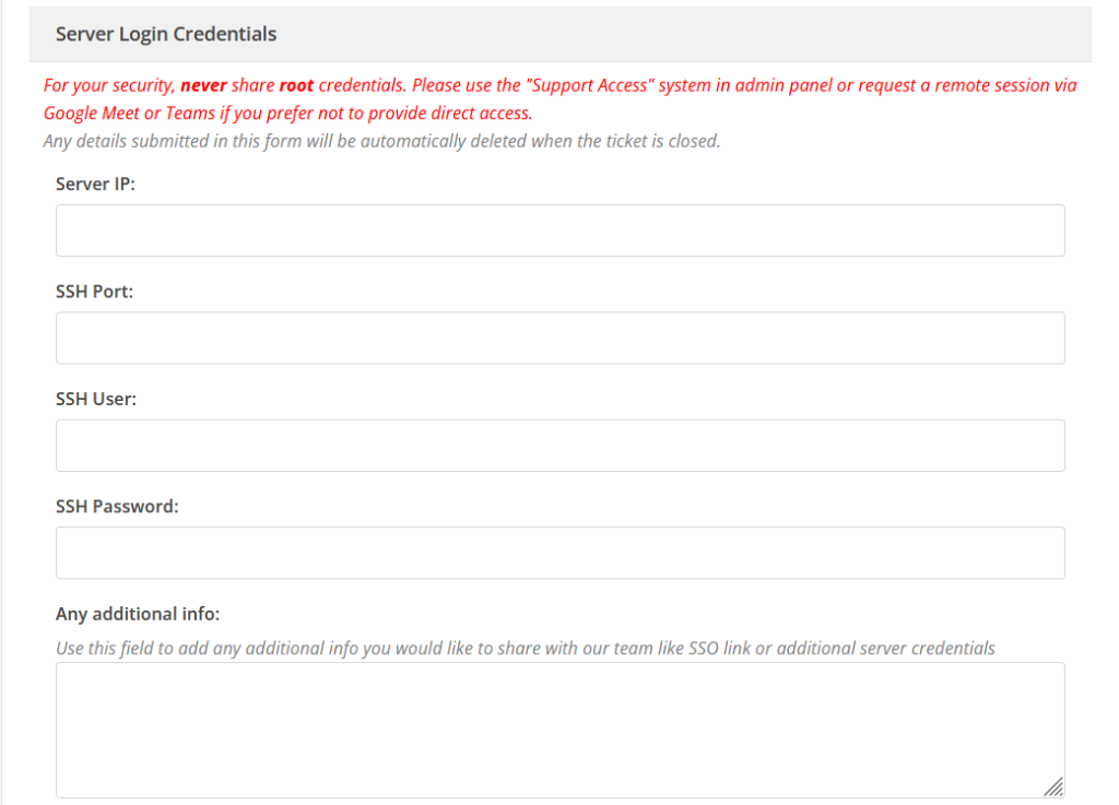 Softaculous support secure server login credentials form